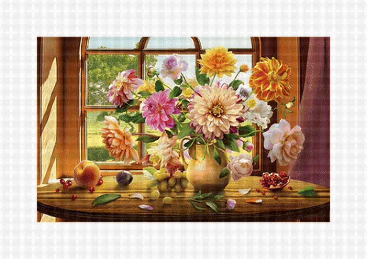 Фруктово-цветочный натюрморт. Маленький. - гранат., окно, букет, фрукты, цветы, виноград - предпросмотр