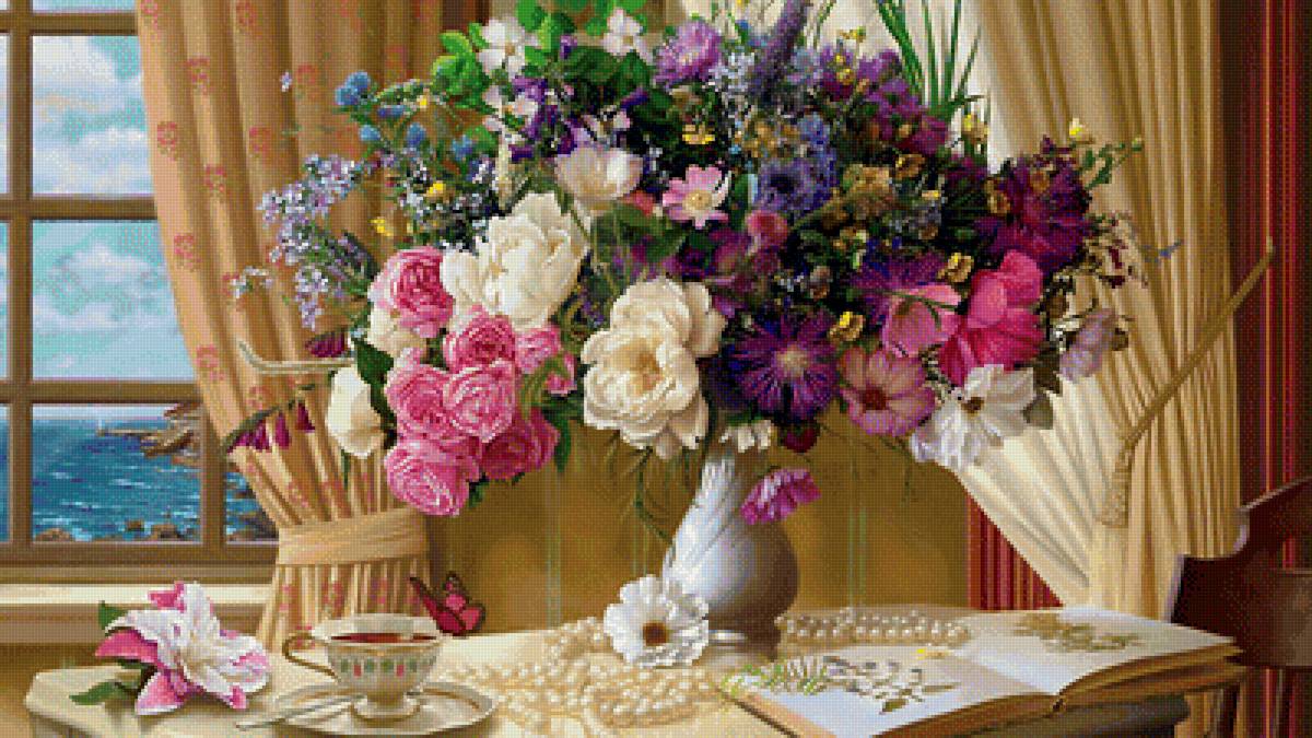 Цветочный натюрморт. - бусы, море., книга, кофе, жемчуг, окно, букет, цветы - предпросмотр