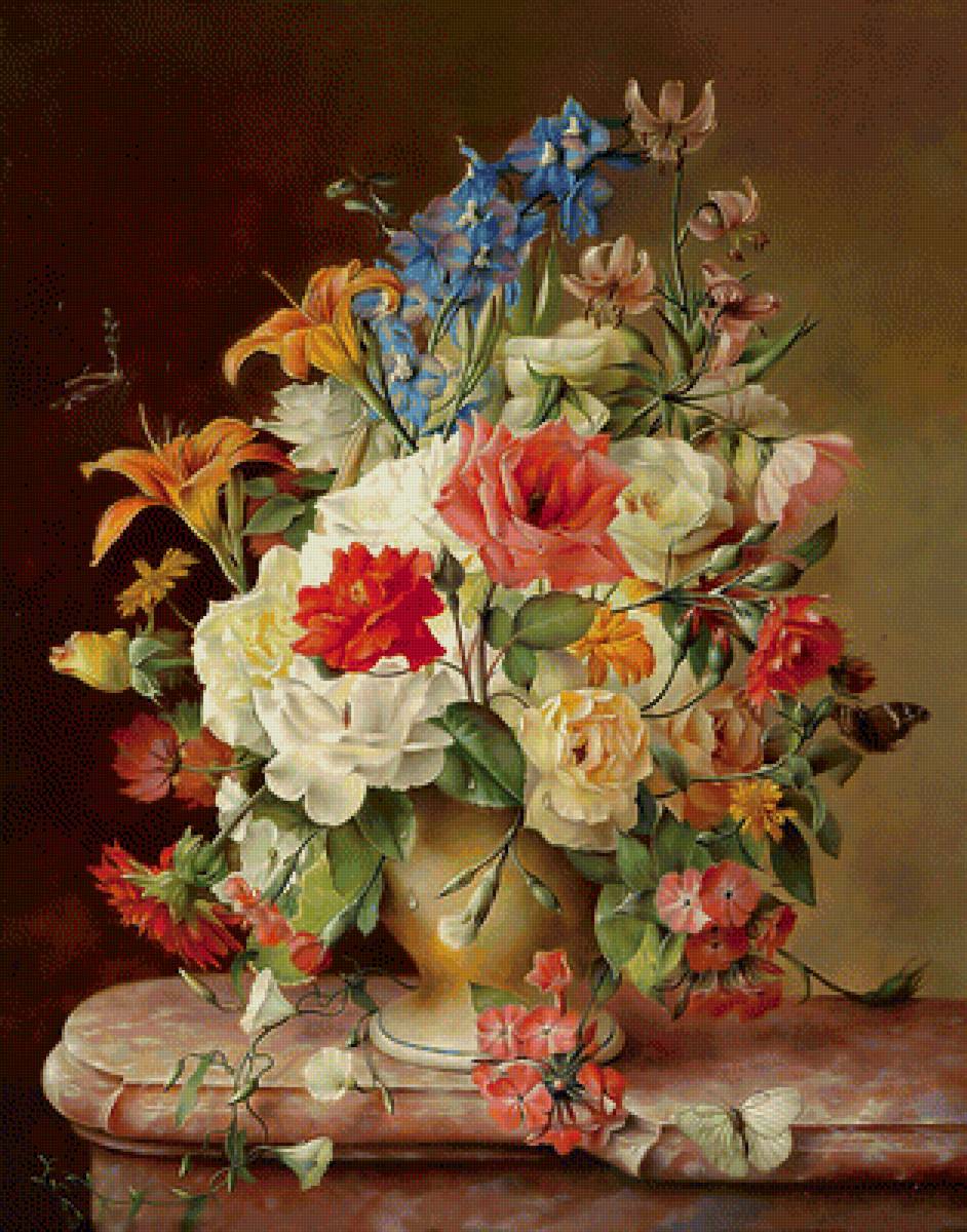 Букет и бабочка. - розы, картина., живопись, лилии, букет, ваза, цветы, бабочка - предпросмотр