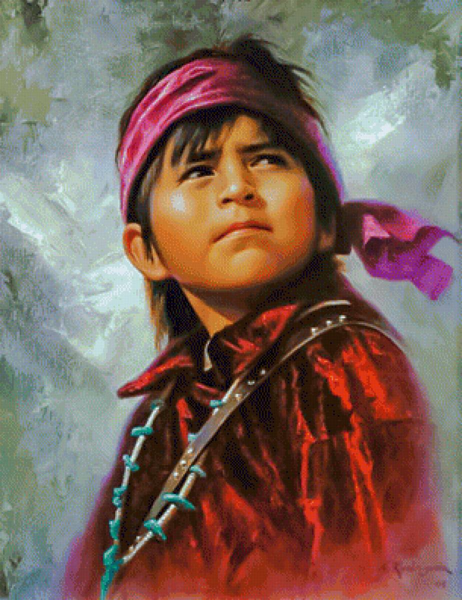 A Look Beyond. - alfredo rodríguez paintings.native ameriacan.children.portrait. - предпросмотр