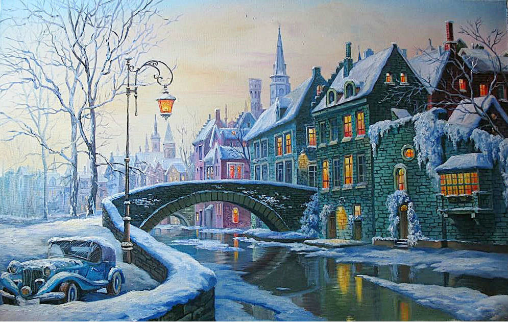 Вечерний город - машина, вечер, зимы, дома, река - оригинал