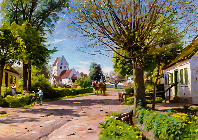 A Village Lane. - peder mørk mønsted painter.scenary.people.animals. - оригинал