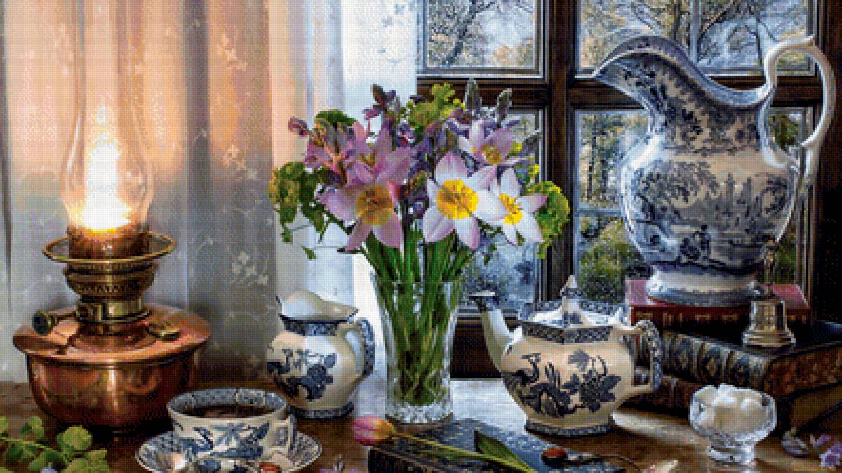 Натюрморт с керосиновой лампой. - натюрморт, букет, окно, дождь, книги., цветы, чаепитие - предпросмотр