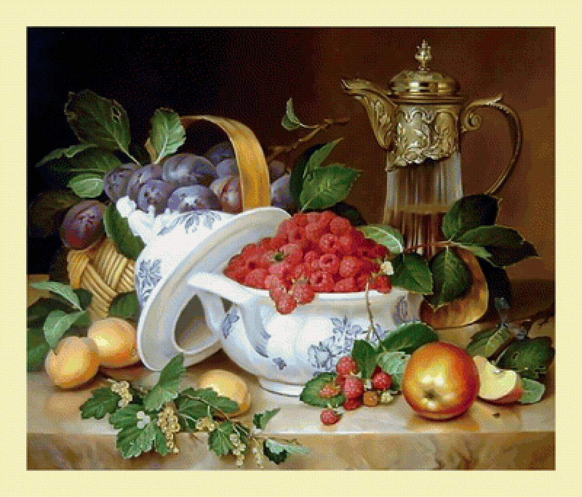 Фруктово-ягодный натюрморт. - смородина, сливы., ягоды, натюрморт, малина, фрукты - предпросмотр