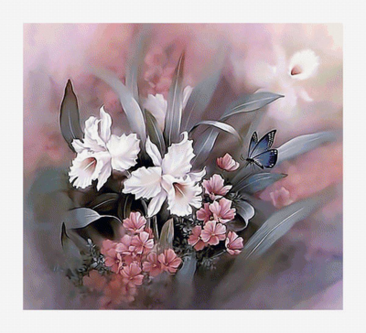 Цветы и бабочка. - цветы, букет, бабочка, живопись. - предпросмотр
