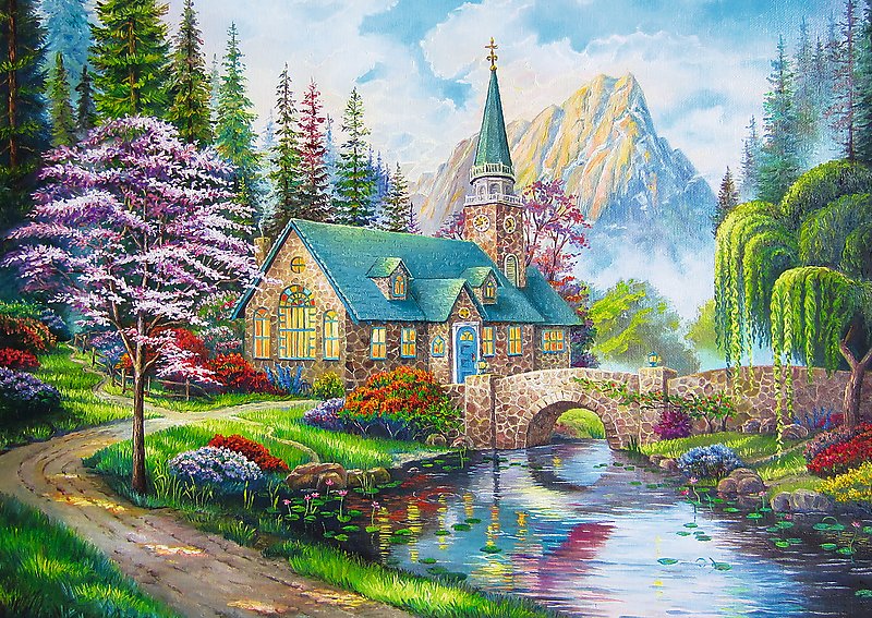 Църква в планината - пейзаж, домик - оригинал