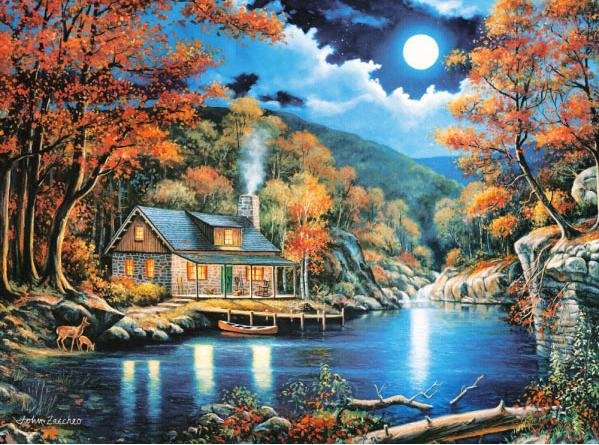 Лунна нощ - пейзаж, домик - оригинал