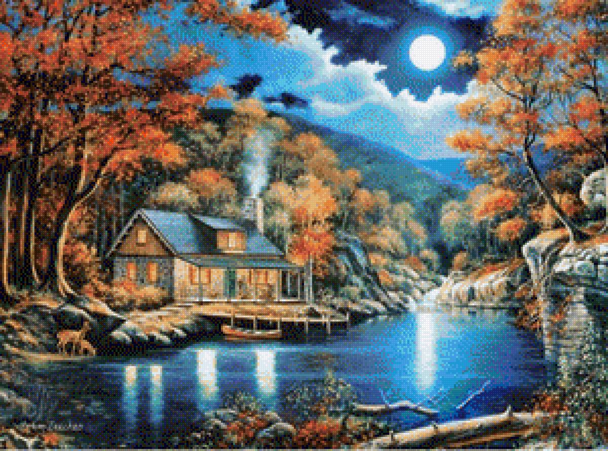 Лунна нощ - пейзаж, домик - предпросмотр