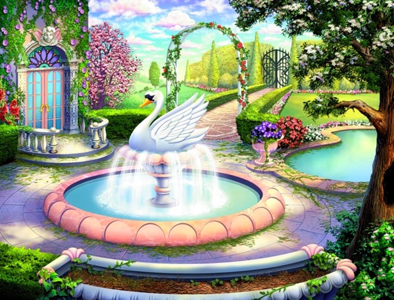 сказочный дворик - пейзаж, дворик, фонтан - оригинал
