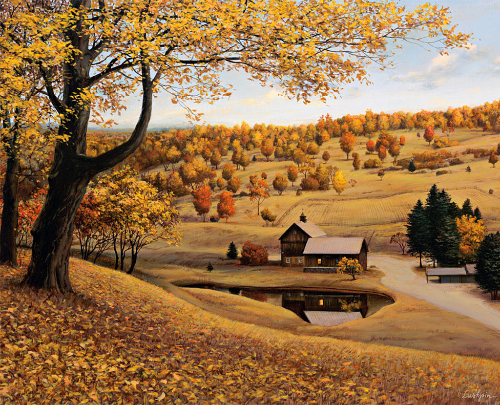 осень - пейзаж, дорожка, осень, домики - оригинал