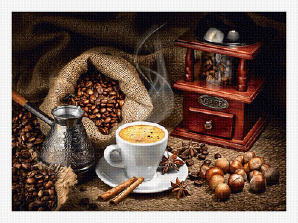 Кофейный натюрморт. - кофе, кофемолка, корица., чашка, натюрморт, аромат, зерна - предпросмотр