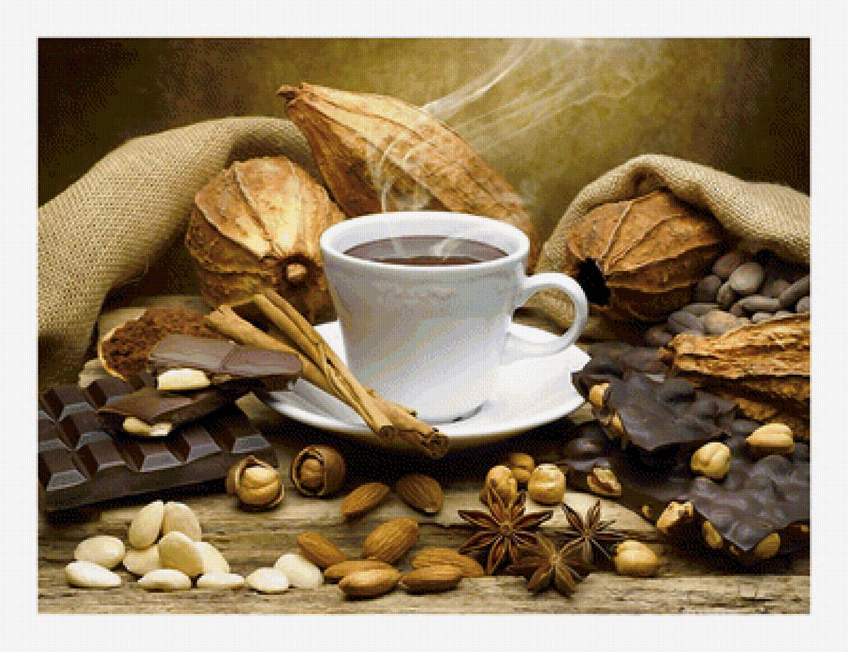 Шоколадно-кофейный натюрморт. - шоколад, кофе, корица, натюрморт., орехи - предпросмотр