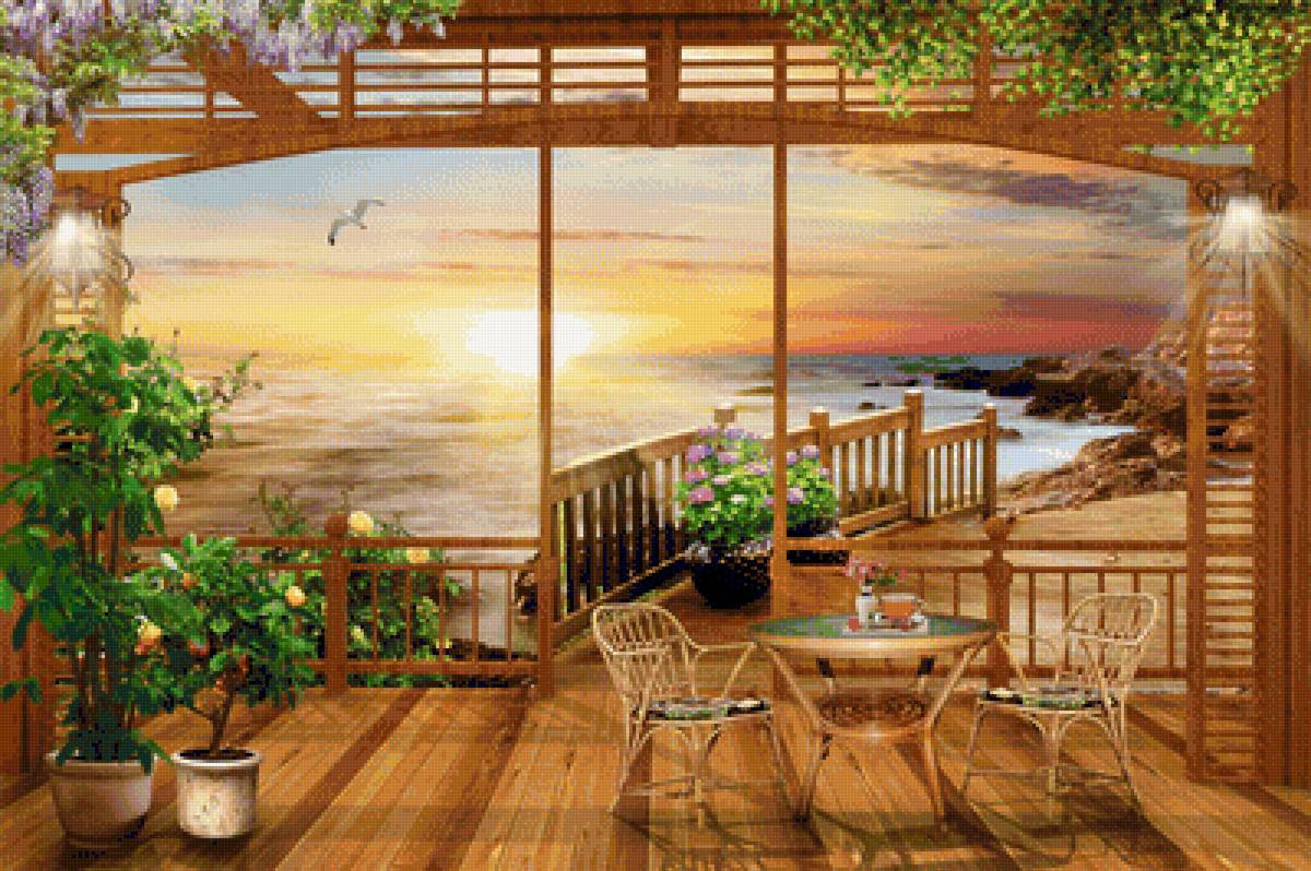 у моря - закат, море, веранда, небо, пейзаж - предпросмотр