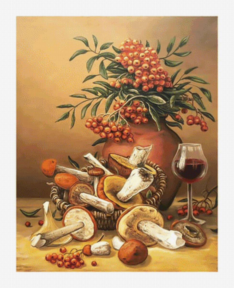 Дары осени. - натюрморт., корзина, рябина, грибы - предпросмотр