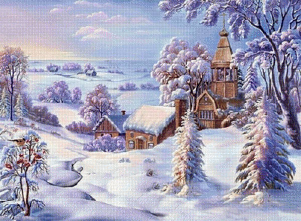 зима - деревья, пейзаж, домики, зима, снег - предпросмотр