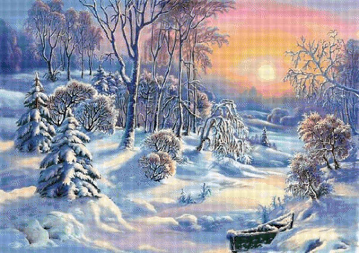 зима - снег, зима, вечер, деревья, пейзаж - предпросмотр
