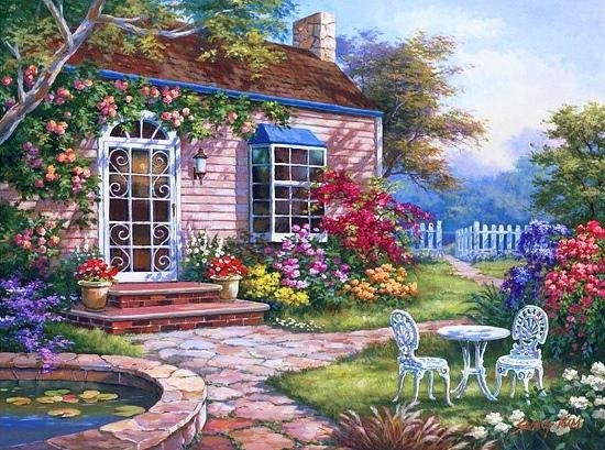 Уютный дворик - картина, домик, цветы, садик, дворик - оригинал