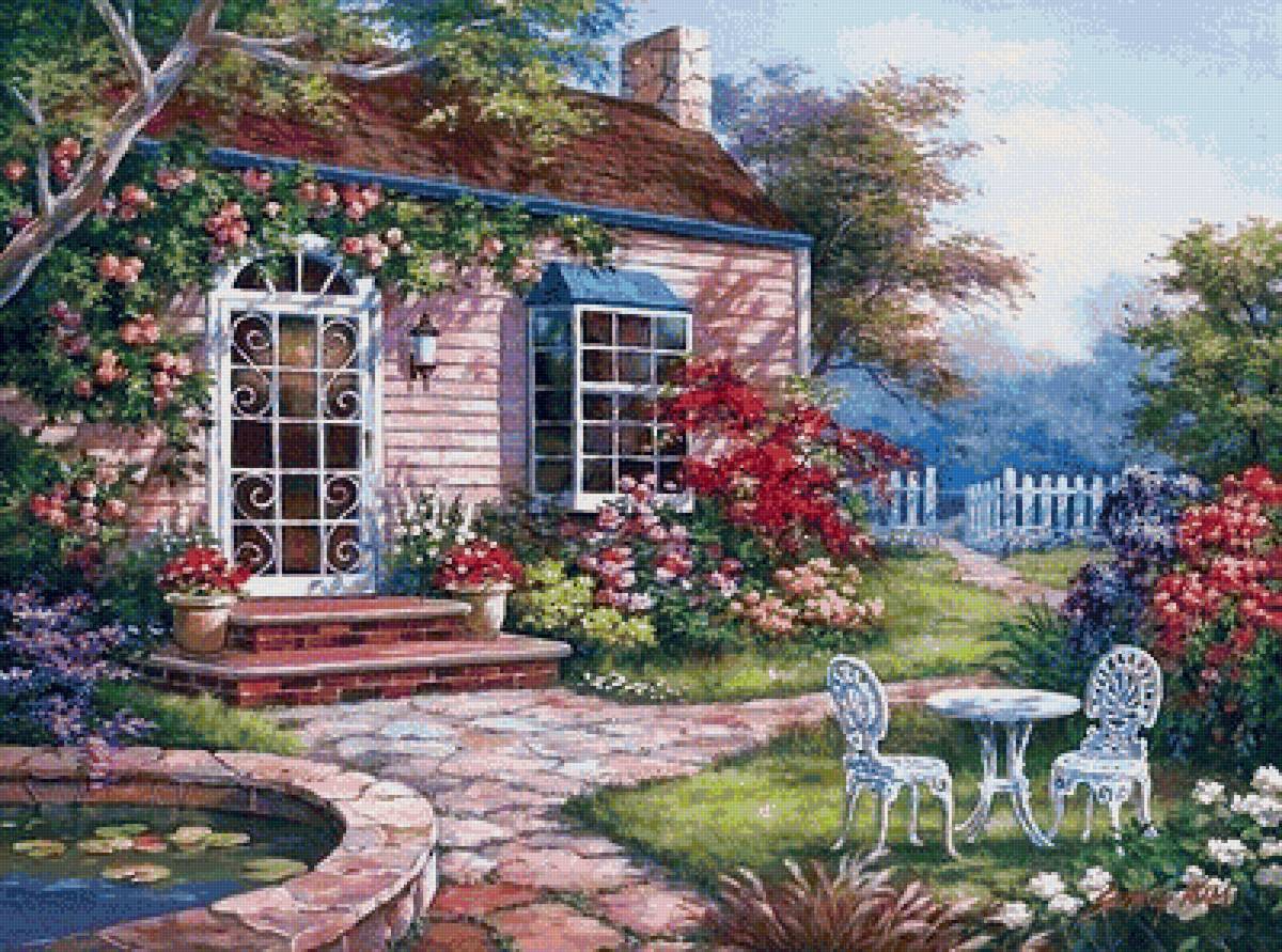 Уютный дворик - картина, цветы, дворик, домик, садик - предпросмотр