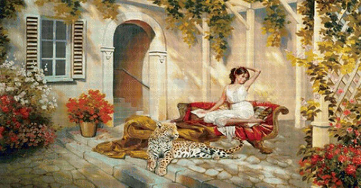 девушка с леопардом - картина, цветы, животные, люди, леопард, девушка, дворик - предпросмотр