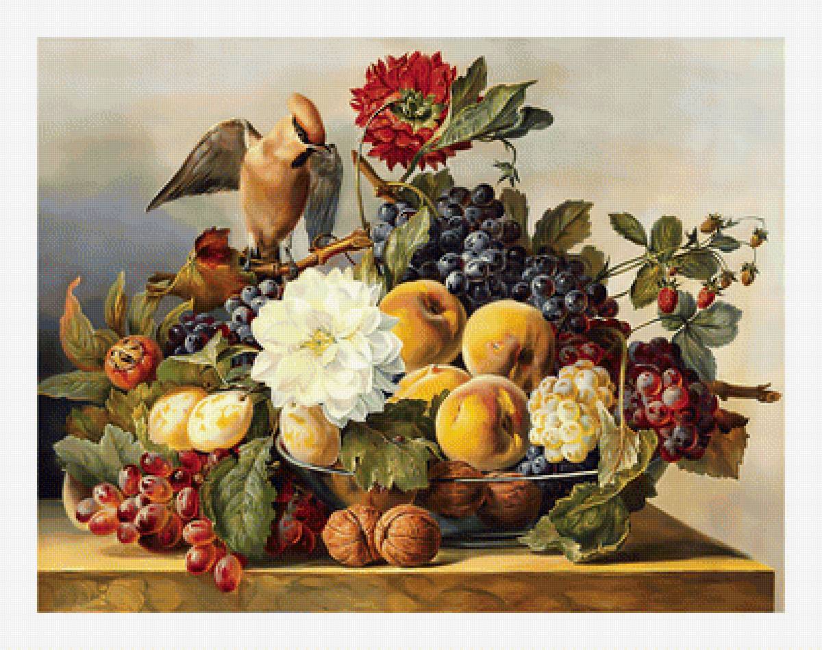 Натюрморт с птичкой. - ягоды, фрукты, цветы., птица, натюрморт - предпросмотр