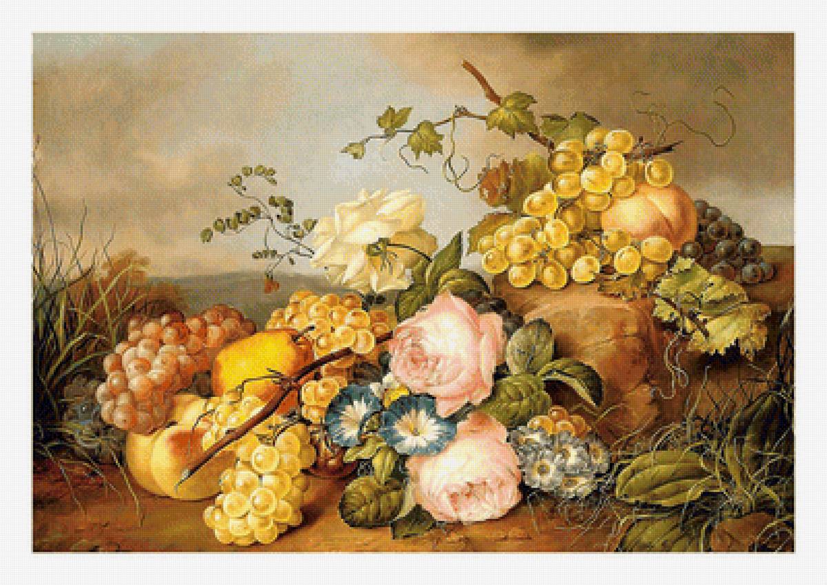 Натюрморт с виноградом. - ягоды, роза., фрукты, виноград, натюрморт, цветы - предпросмотр