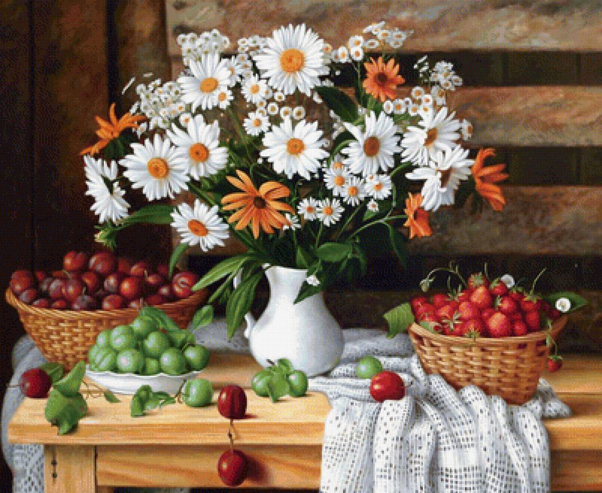 Ромашковый натюрморт. - цветы, клубника, букет, сливы, натюрморт., ягоды, ромашки - предпросмотр