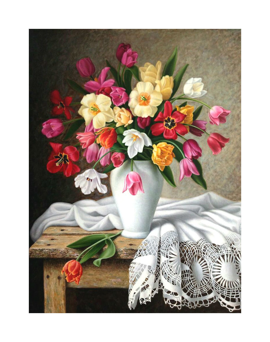 Букет. 246/330, 45/60см - ваза, живопись., цветы, тюльпаны, букет - оригинал