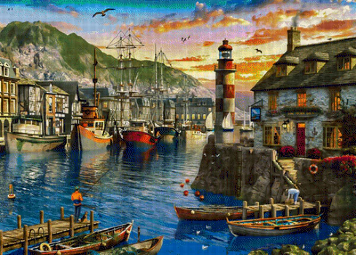 English Harbour Sunset. - dominic davison painter.seascape.birds.people. - предпросмотр