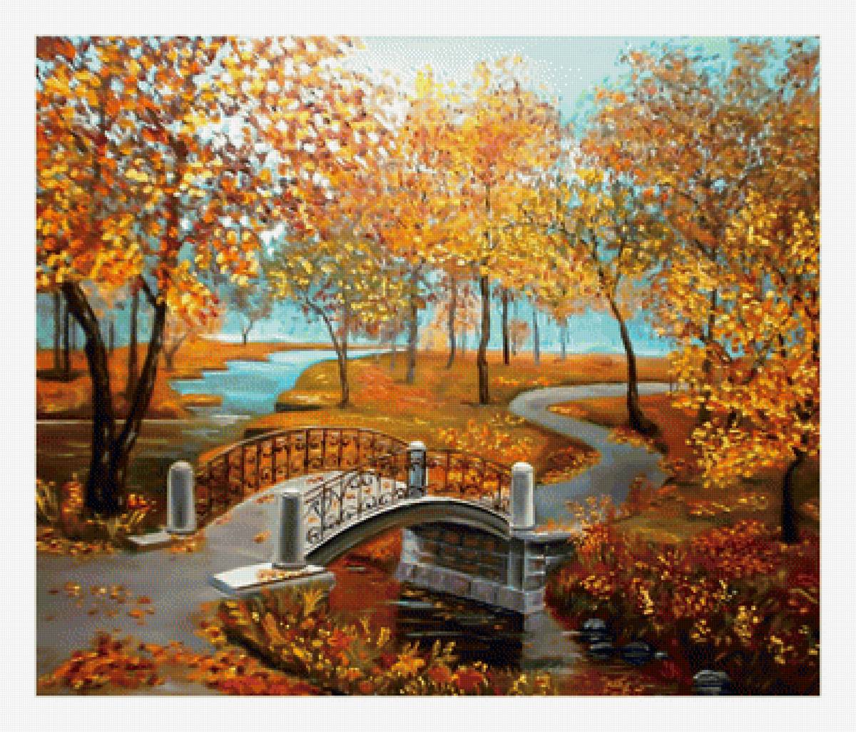 Осенний парк. 368/310, 67/57 см. - осень, парк., пейзаж, мост, листва - предпросмотр