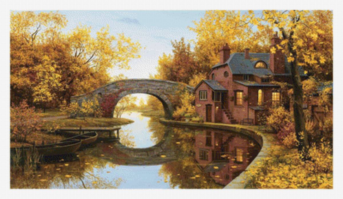 Осенний пейзаж. 378/210, 69/39 см. - дом, осень, пейзаж, лодки., река, мост - предпросмотр