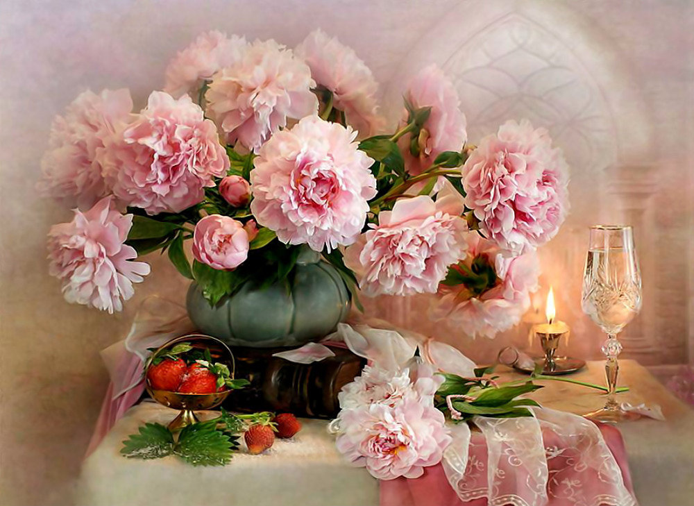 Клубника с шампанским - натюрморт. клубника с шампанским, пионы - оригинал