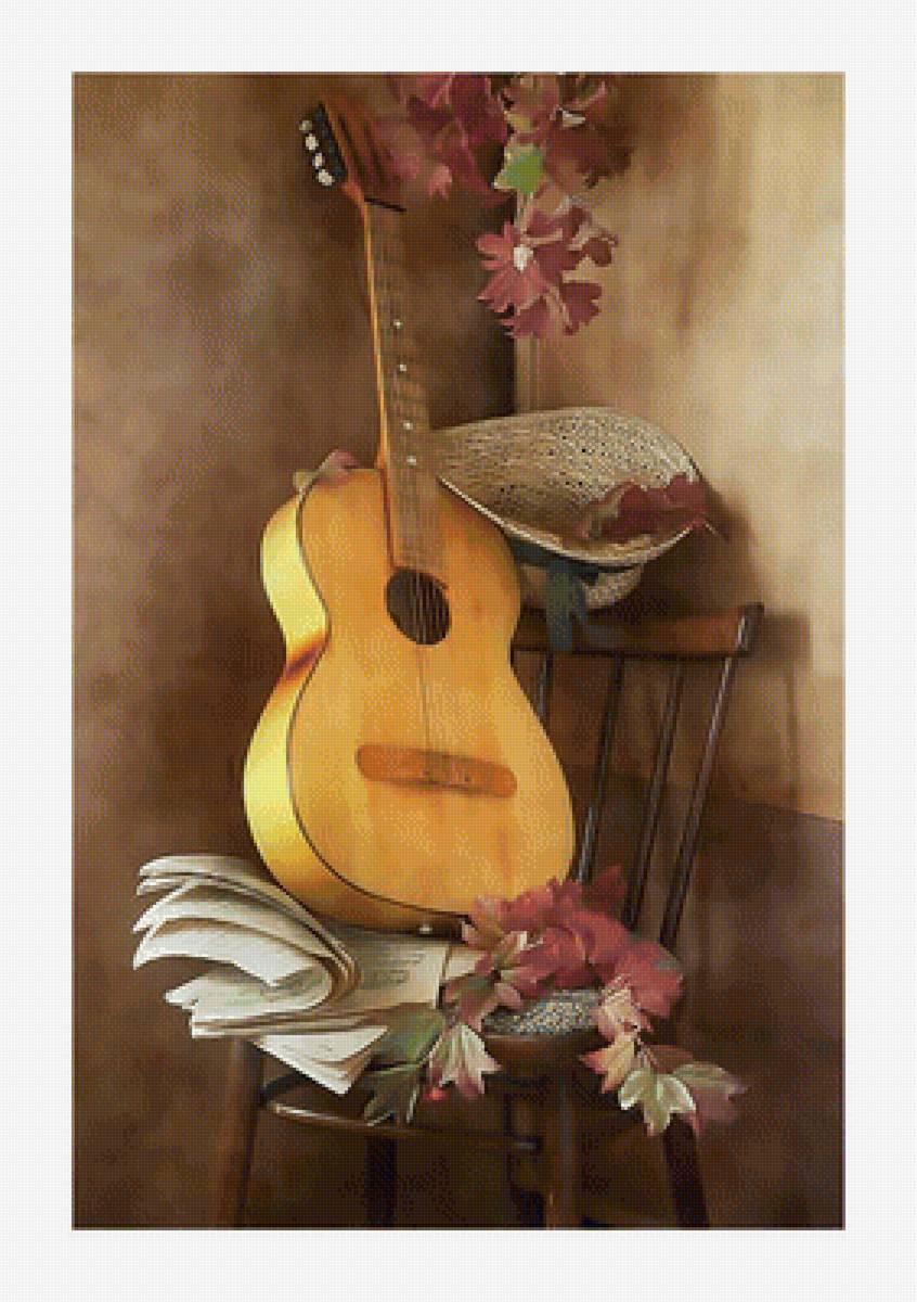 Гитара. - гитара, ноты., стул - предпросмотр