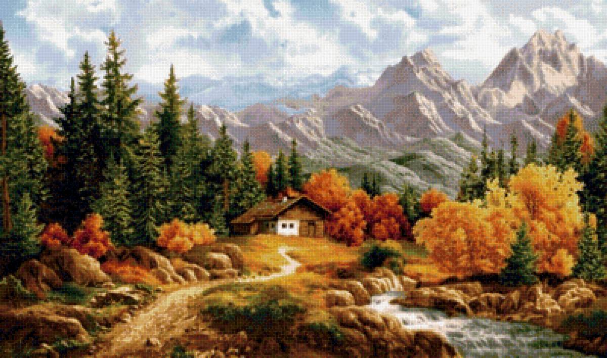 пейзаж - домик, горы, пейзаж, река, осень, елки - предпросмотр