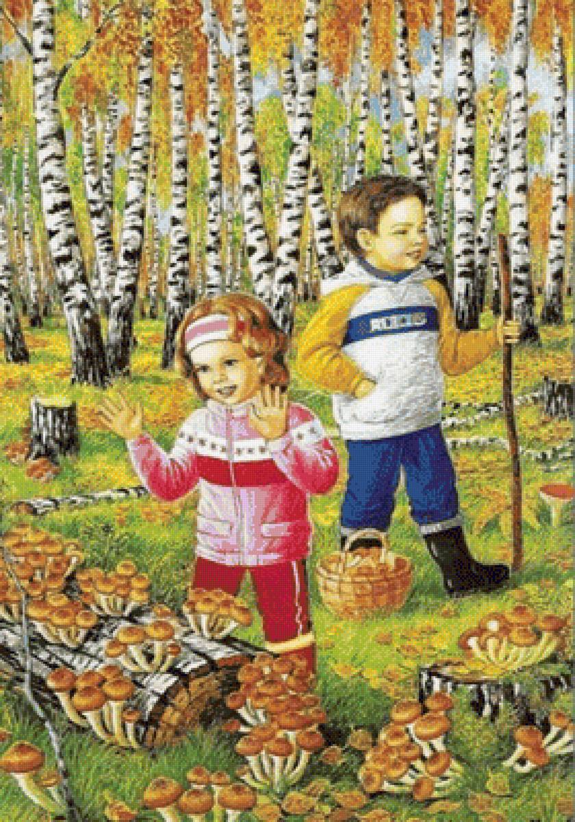 грибники - осень, люди, грибы, дети, березы - предпросмотр