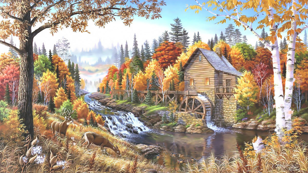 Водяная мельца. - осень, дом, река, мельница, озеро, олени., пейзаж - оригинал