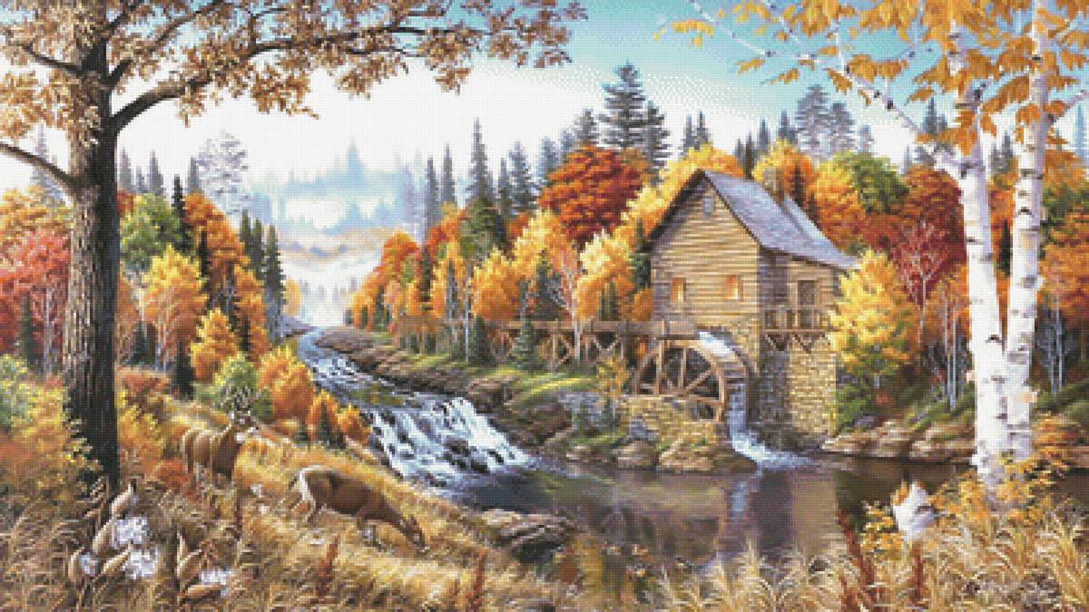 Водяная мельца. - дом, река, олени., озеро, пейзаж, осень, мельница - предпросмотр