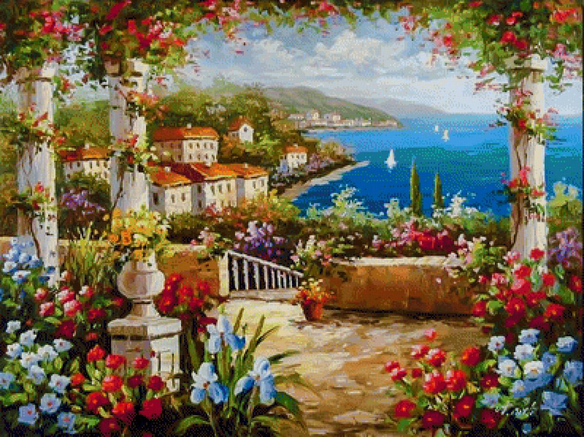 Mediterranean Arch. - seascape.flowers and gardens. - предпросмотр