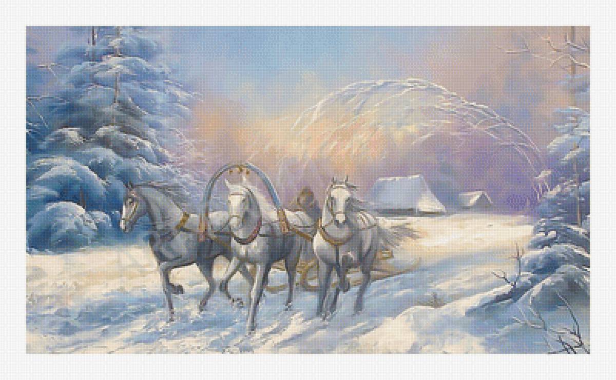 Зимний пейзаж. Тройка. - зима, пейзаж, лес, белые., тройка, снег, кони - предпросмотр