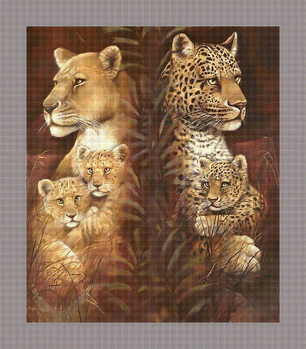 Лев и леопард с котятами. - лев, леопард, хищники, котенок, животные. - предпросмотр