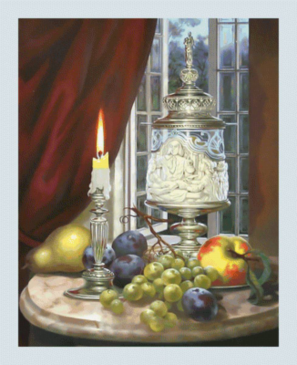 Натюрморт со свечой. - груша, свеча, фрукты, сливы., яблоки, натюрморт, виноград - предпросмотр