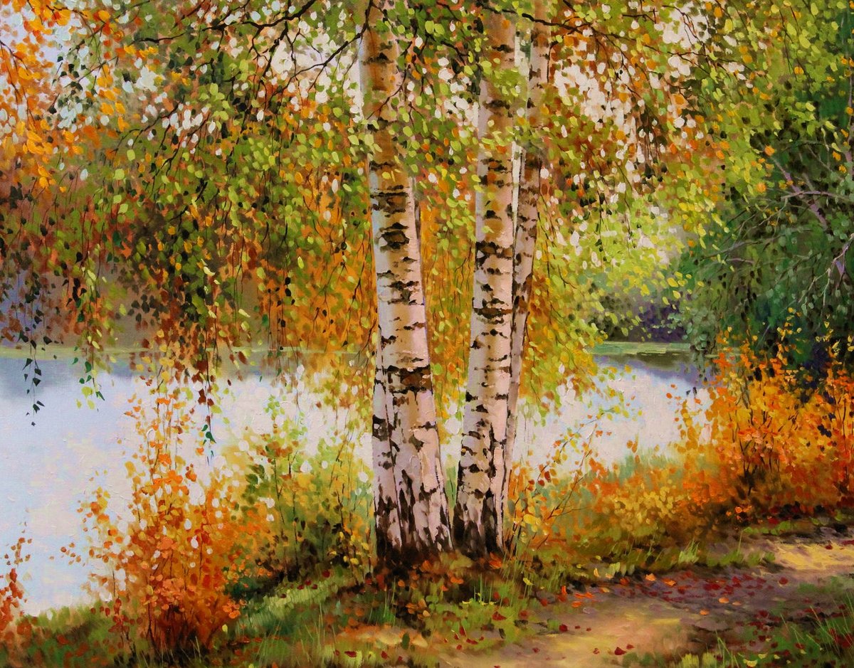 березки - осень, пейзаж, березы, река, природа - оригинал