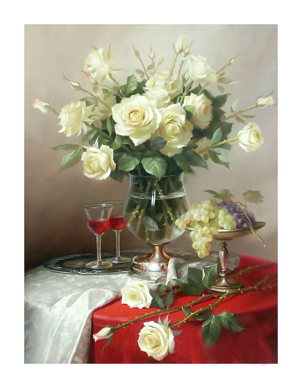 Натюрморт с белыми розами. - вино, виноград., цветы, букет, бокал, натюрморт, розы - оригинал