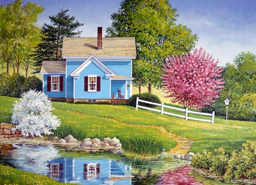 №1965360 - природа, пруд, пейзаж, домик - оригинал