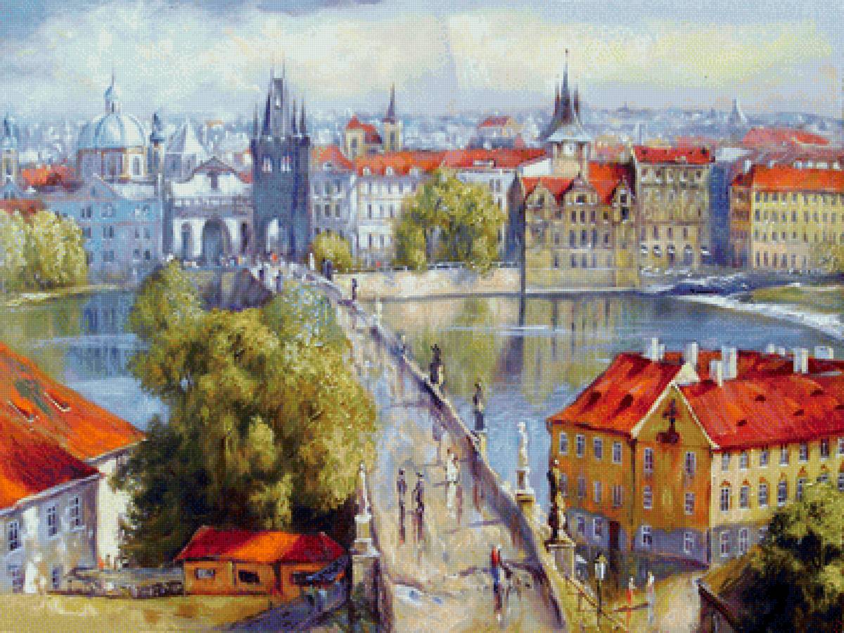 Пражский пейзаж - здания, река, город, мост - предпросмотр