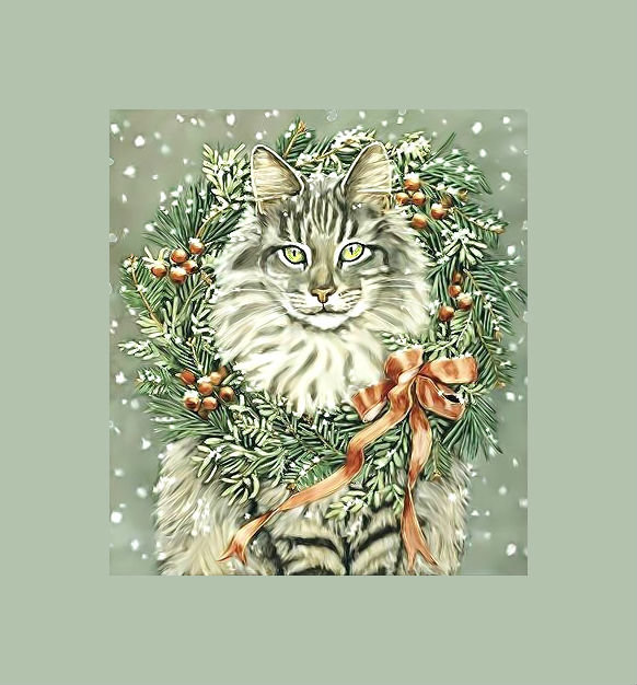 Рождественский котик. - венок, кот, рождество., лента - оригинал
