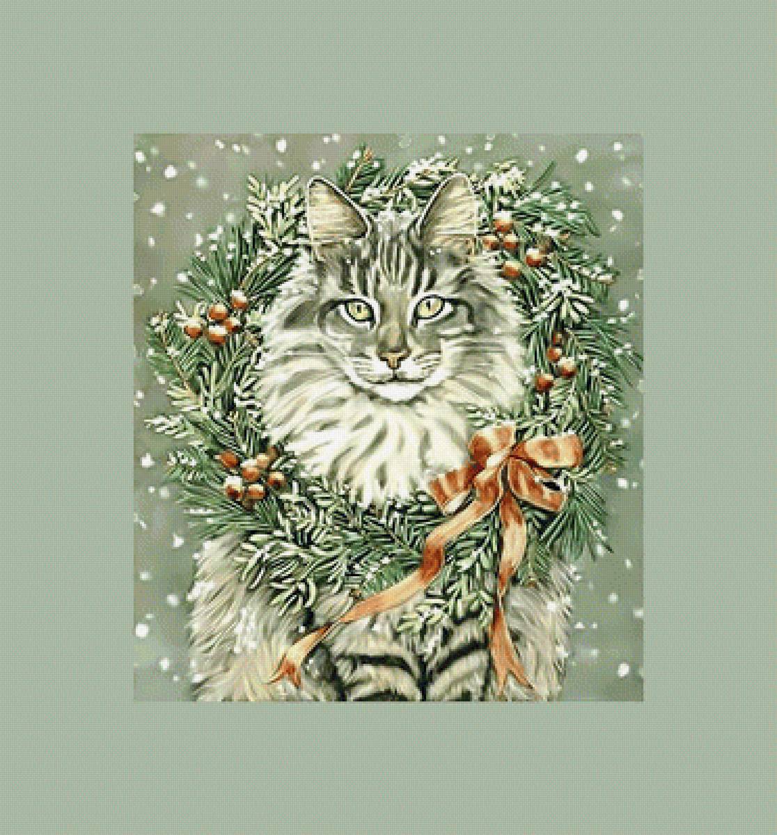 Рождественский котик. - лента, венок, рождество., кот - предпросмотр