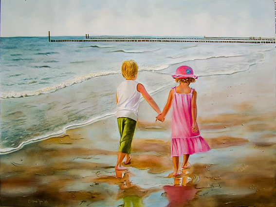 Miriam and Nicholas at the Beach. - doris joa painter.seascape.children. - оригинал