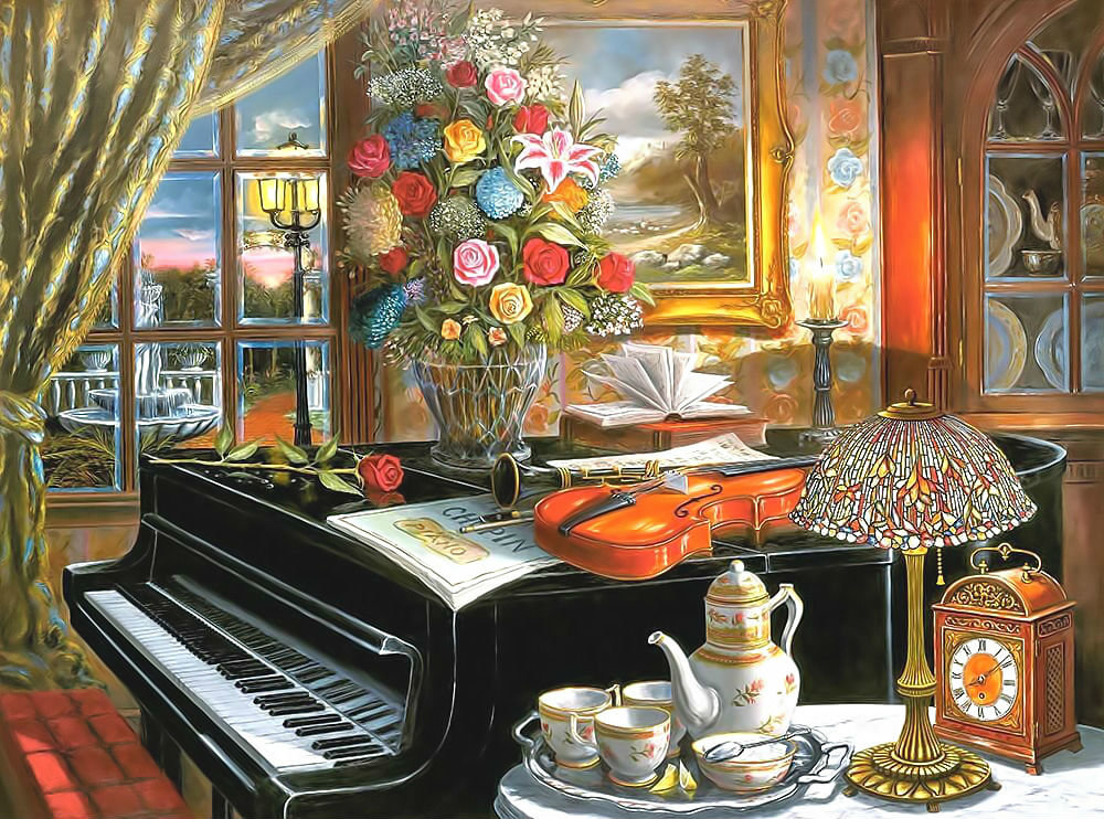 Музыкальный натюрморт. - цветы, букет, скрипка, ноты, рояль, интерьер, окно., посуда - оригинал