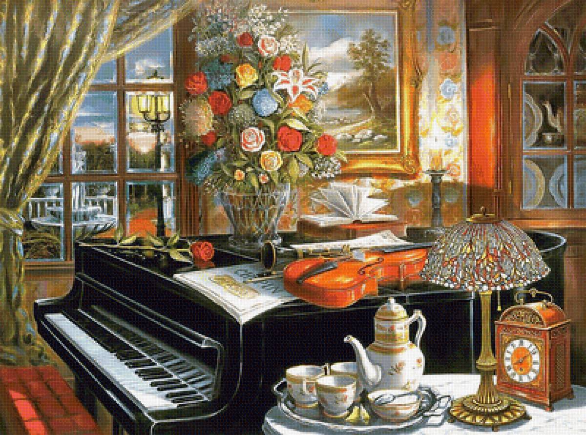 Музыкальный натюрморт. - скрипка, букет, цветы, окно., интерьер, рояль, ноты, посуда - предпросмотр