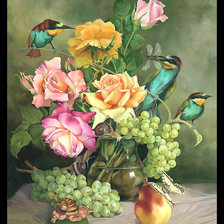 Цветочно-фруктовый натюрморт с птицами.